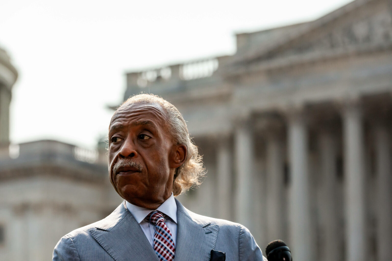 IMAGO / NurPhoto / Allison Bailey | Reverend Al Sharpton holds a press conference along with Arndrea Watters King, and Martin Luther King III after Senate Minority Leader Mitch McConnell refused to accept their letter on voting rights. Washington DC. September 13, 2021.